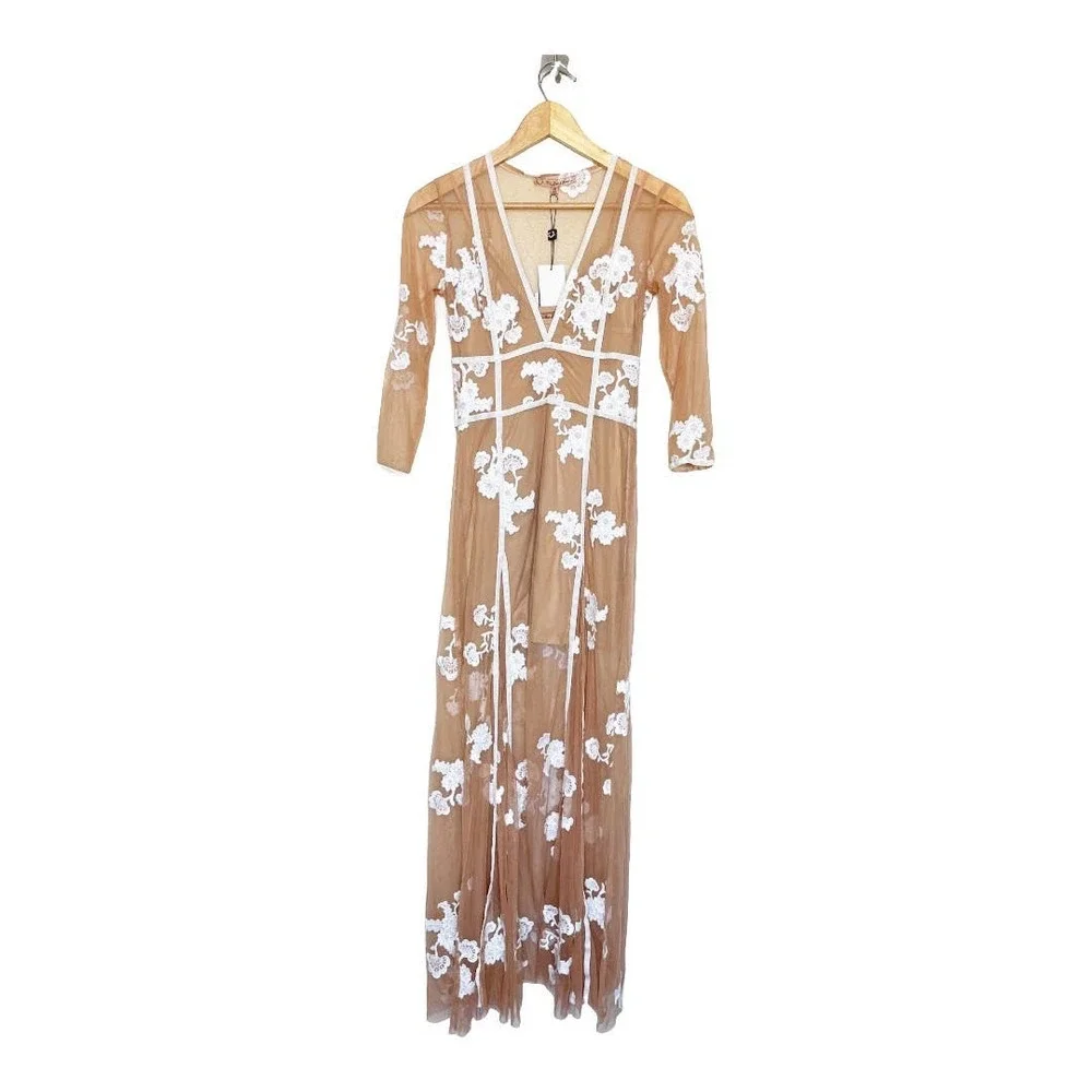 SOLD. For Love And Lemons NWT Eleanora Nude Tulle White Floral Embroidery Maxi - Picture 3 of 9